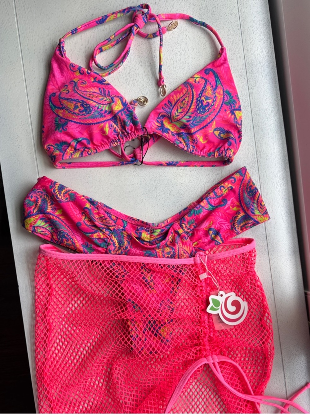 NWT Hot Pink Paisley Bikini and Mesh Cover-Up 3 piece Set Berry Beach Small